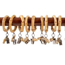 12 Pack Bamboo Curtain Rings with Metal Clips, Fits 1.3 Inch Rod (1.57 Inch Diameter) for Window Shower & Drapery