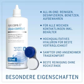Eye.care Kontaktlinsen Flüssigkeit - mit Hyaluron - Premium 250ml Pflegemittel für alle weichen Kontaktlinsen inkl. antibakteriellen Behälter