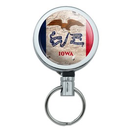 Rustic Iowa State Flag Distressed USA Heavy Duty Metal Retractable Reel ID Badge Key Card Tag Holder with Belt Clip