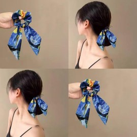 EZ PEACH Scrunchie, Stylish, Adult Square, Glamorous, Cute, Large Hair Elastic, Volume, Ribbon Scrunchie, Hair Ornament, Bowknot, Hair Elastic, Hair Clip, Hair Accessories (Rectangle/Gogh, Starry