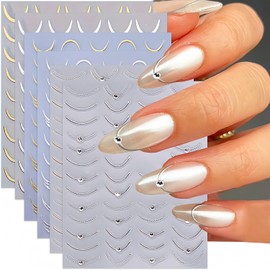 Crystal Diamond French Tip Nail Stickers for Nail Art, Gold Silver French Tip Nail Decals 3D Self-Adhesive French Tip Nail Art Design Decals French Nail Art Sticker for Women Girls Nail Decoration