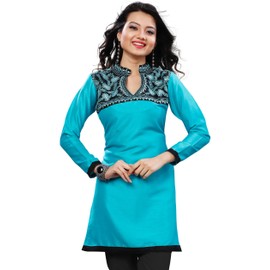 Maple Clothing - playera corta de túnica india Kurti para mujer, bordado de la India, Turquesa, XXL