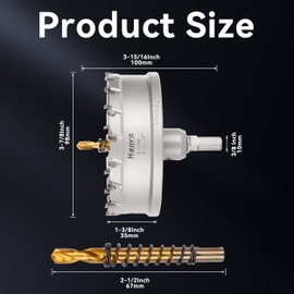 Hole Saw 3-7/8" (98mm) Heavy Duty Carbide with 2 Pilot Drill Bits - Metal Hole Cutter Cuts Stainless Steel, Iron, Copper, Brass, Plastic