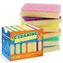 UNIMADE Scrub Sponge, Temperature Responsive Dual-Sided Cleaning Sponges, Non-Scratch Dish Sponge for Kitchen, Soft in Warm Water & Firm in Cold, 6 Pack