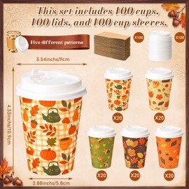 100 Pcs 12oz Fall Thanksgiving Coffee Cup with Lid and Sleeves Bulk