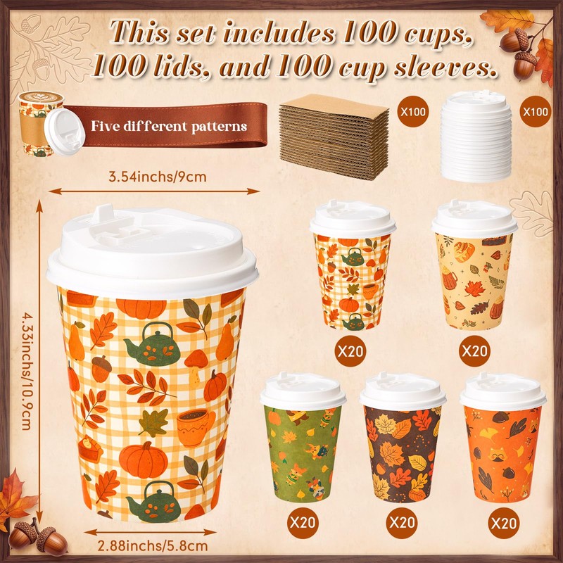 100 Pcs 12oz Fall Thanksgiving Coffee Cup with Lid and