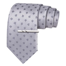 Barry.Wang Silver Poker Silk Ties for Men Fun Necktie and Tie Clip Set for Wedding Party Business Formal Extra Long