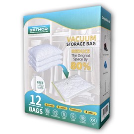 Vacuum Seal Bags for Clothing – 12-Pack Ultra-Thick Plastic Vacuum Storage Bags – Assorted Sizes for Blanket Storage, Travel, Moisture Protection, Bedding Sets – Airtight Double-Sealed Zipper