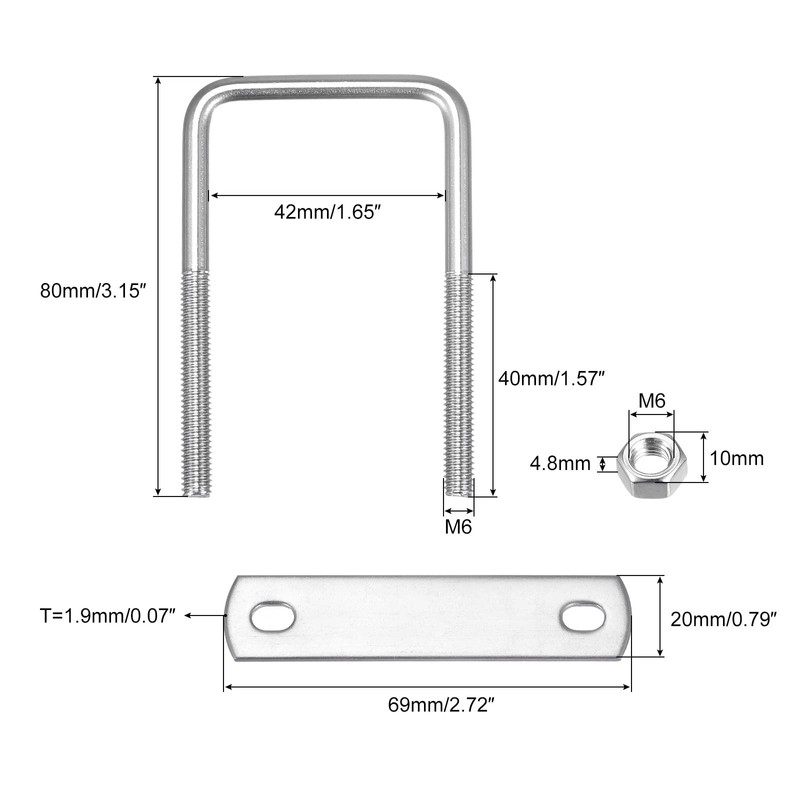 sourcing map Square U-Bolts, 3 Sets 42mm(1.65") Inner Width 80mm