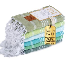 GOLD CASE HOME COLLECTION LYCIA Turkish Beach Towel Set of 6-100% Cotton Beach Towels - Oversized Turkish Towels Set - Quick Dry & Sand Free Beach Towel - 70 x 38 Inches - Tones of Green