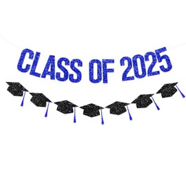 FHGG Pre Strung Graduation Decorations Class of 2025 Banner Blue Glitter College Banners Party Congrats Grad with Tassel Decor High Favors NO DIY for Supplies School Home Car Decorations