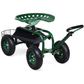 GRAFFY Garden Cart w/Wheels, Rolling Gardening Stool Cart, Mobile Rolling Work Seat w/Tray and Basket, Lawn Cart with Rotating and Adjustable Seat, Patio Yard Stool Cart with Adjustable Handle