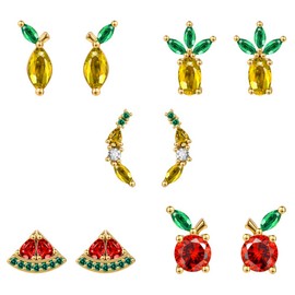 AoedeJ 14K Gold Plated Small Stud Earrings, Cute Tropical Fruit Pineapple Silver Earrings, Tiny Crystal Tragus Helix Cartilage Earrings (Style 1)