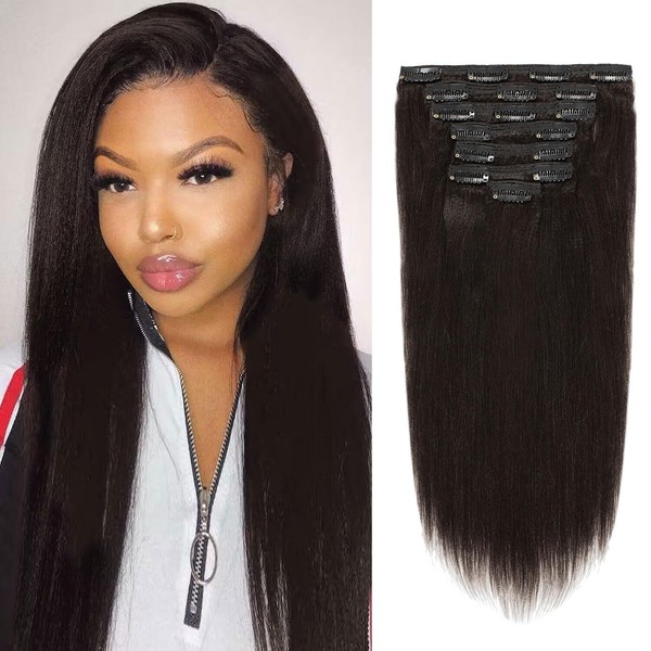 Loxxy Brazilian Yaki Straight Clip in Hair Extensions Real Human Hair 14 inch 100% Remy Unprocessed Soft Clip on Extensions Full Head Natural Color #1B for Black Women,YK 7pcs/set 120g/set