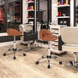 Yaheetech Height Adjustable Rolling Swivel Salon Stool Chair with Backrest Wheels for Tattoo Massage Facial Spa Manicure Dentist Clinic Brown - 2PCS