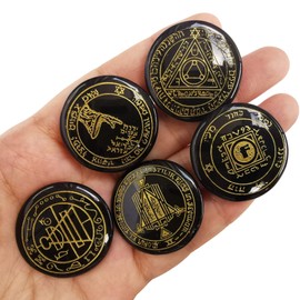 Lovionus89 Natural Healing Crystal Solomon Symbol Setting 5 Pieces Engraved Chakra Stones for Meditation Divination, Black Obsidian