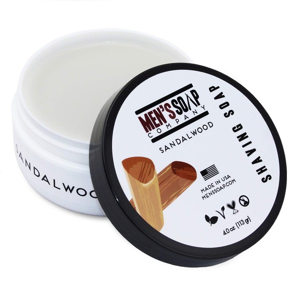 Men's Soap Company Shaving Soap 4 OZ Sandalwood Shave Jar. Made with Vegan Natural Ingredients. Includes Shea Butter, Vitamin E, and Coconut Oil to Protect & Moisturize the Skin