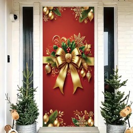Saoplasa Christmas Door Cover Red Gold Bow Banner 71 x 35 Inch Wrap Backdrop with Ornaments Holly Leaves and Snowflakes for Christmas Party Wall Hanging Front Door Winter Decoration