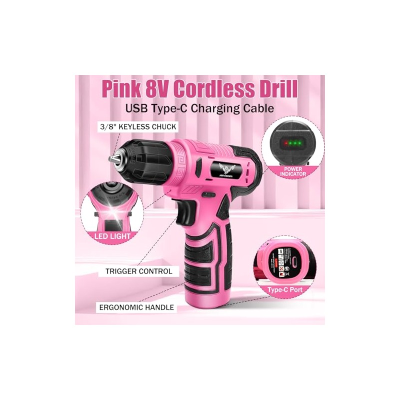 JENABOM 127-Piece Home Tool Set with 8V Pink Cordless Drill