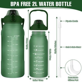 KETIEE Water Bottle 2 Litre 2 Litre Water Bottle 2 Litres with Straw & Adjustable Shoulder Strap & Fruit Container, BPA-Free Leak-Proof Sports Bottle with Time Marking, Transparent Green