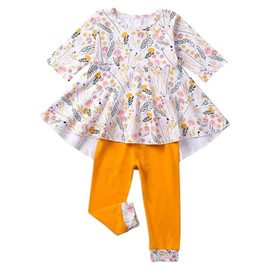 fioukiay Toddler Baby Girls-Fall-Clothes-Set Little Girls Floral Plaid Highlow Tunic Tops+Leggings Outfits Boutique Clothing Clothing (Yellow, 5T)