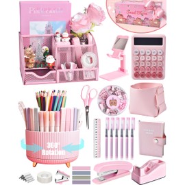 LXEVIHK 21Pcs Pink Desk Organizers and Accessories With Mesh Desk Organizer and 360°Rotating Pen Holder and a Lot of Office Pink Office Supplies Beautifully Presented in a Gift Box