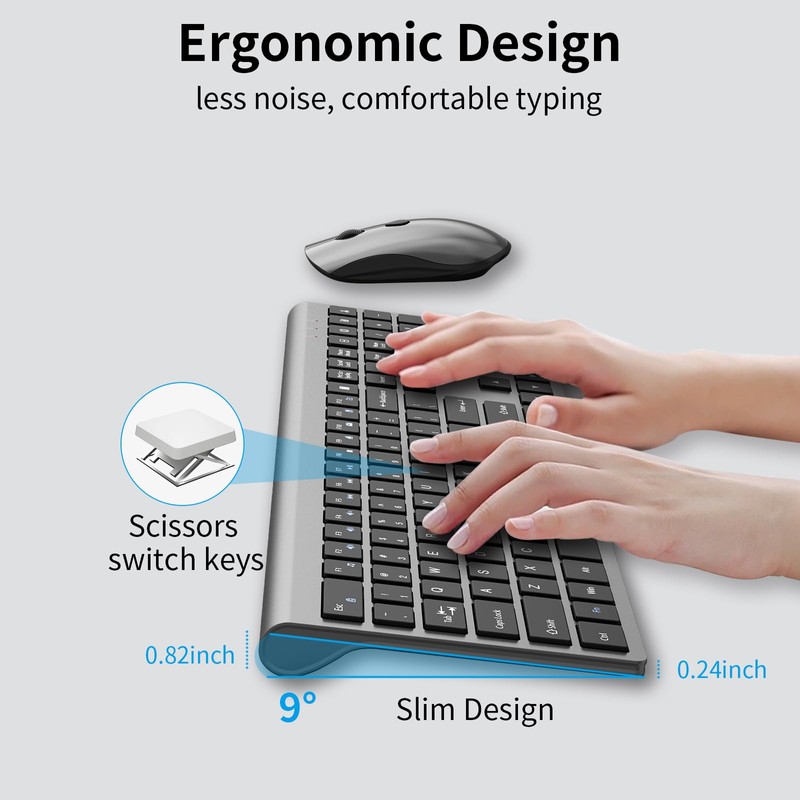 Wireless Mouse and Keyboard Combo, Silent Full-Size Computer Keyboard with