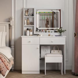 Runboll Makeup Vanity Desk with Mirror and Lights, Dressing Table with 3 Colors Adjustable LED Lighted Mirror, Stool, 4 Drawers and Storage Shelf for Bedroom