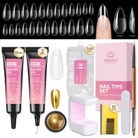 MIZHSE Gel Nail Kit, Fake Nails Long Almond, 8-in-1 Builder Gel for Nails & Portable Mini U V Light, 240Pcs Half Matte Nail Tips for Nail Extension Home DIY Nail Salon