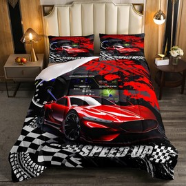Feelyou Kids Boys Girls Red Race Car Comforter Set Twin Size, Sports Car Comforter Comforter Set for Teens Race Car Bedding Set Racing car Duvet Set Bed Set Room Decor Bedding Collection
