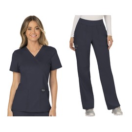 Cherokee Scrub Set For Women, Modern Classic Fit Mock Wrap Top WW610 With Mid Rise, Straight Leg Pant WW110, Pewter- 2XL Top/XL Pant