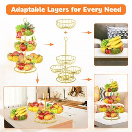 PouHenier.jh 5 Tier Fruit Basket Stand for Counter, Kitchen Tall Tiered Fruit Bowl Organizer for Dining Table Countertop, Multi Level Fresh Produce and Vegetable Holder Rack, Sturdy Metal Wire, Gold