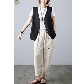 Ailiyumo Women's Vest, Cotton Linen Vest, V-Neck, Spring/Summer, Cardigan, Sleeveless, Thin, Gilet Vest, Solid, Casual, Black