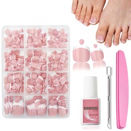 French Fake Toe Nails Set - 240PCS Short Square False Toenails Kit With Glue - White French Tip Pink Glossy Full Cover Fake Toe Nails - 12Size Stick on Toenails Tip for Women Nail Art DIY