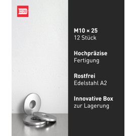 INBUS® 75008 Washers M10 x 25 (Body Washer, Stainless Steel A2), Pack of 12 - Metal Washers for Screws, Nuts & Threaded Rods