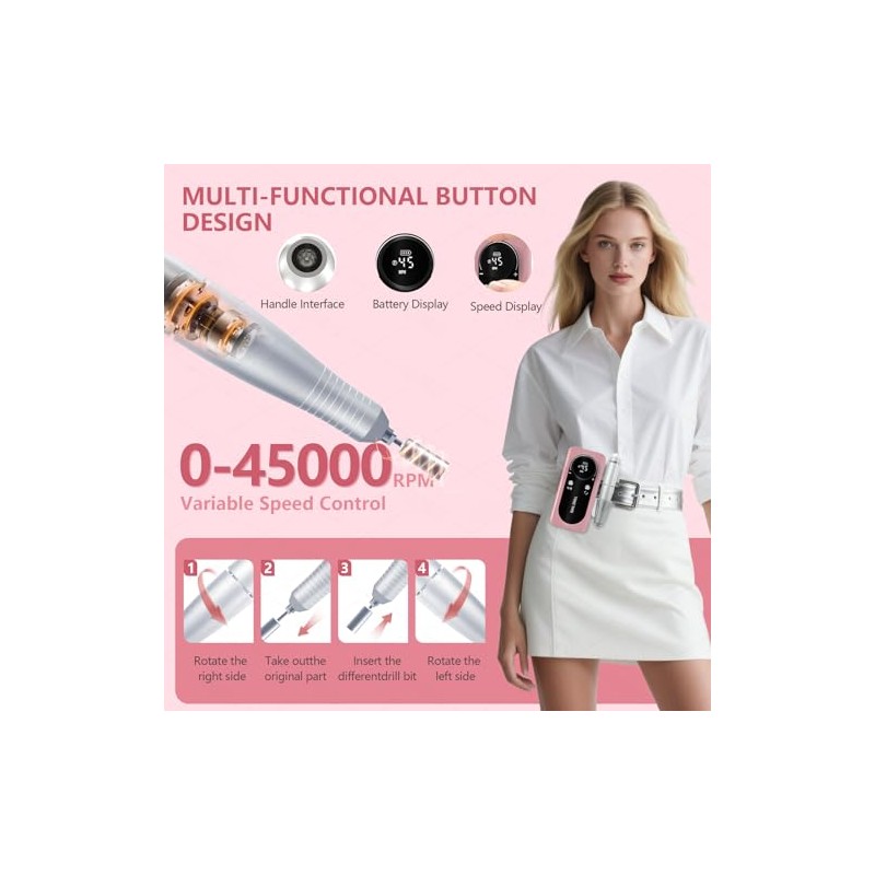 Taladro eléctrico inalámbrico para uñas, 45000 RPM, portátil.