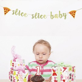 KUNGOON Slice Slice Baby Banner,Pizza Themed Baby Shower Decorations,Fast Food Party Sign Garland for Pizza Party Time,Pizza Birthday Party.