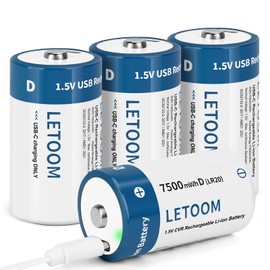 D Batteries Rechargeable with 4 in 1 USB C Charging Cable D Size Cell Lithium Batteries 7500mWh 1.5V for Flashlights, Toys, and Floodlights (4 Pack, D Battery)