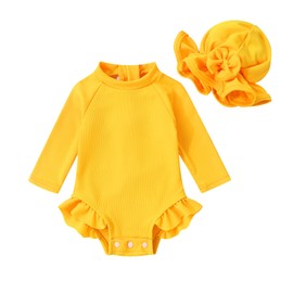 YOUNGER TREE Infant Baby Girls Swimsuit Long Sleeve Swimsuit One Piece Swimsuit Solid Color Bathing Suit with Hat, UPF 50+（Yellow, 18-24 Months）