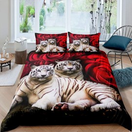 Tiger Bedding Set King Size,Red Rose Flower Comforter Cover for Boys Girls,African Safari Animals Duvet Cover,Big Cat Wild Animal Skin Quilt Cover,Romantic Garden Floral Bedroom Decor