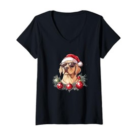 Womens Labrador Retriever With Santa Hat And Sunglasses V-Neck T-Shirt