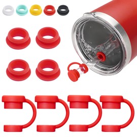 Straw Cover for YETI Cup, 4 Sets Silicone Spill Stopper Compatible with YETI Tumbler, Leak Proof Kit of Mug Accessories Including 4 Straw Cover, 4 Leak Proof Stopper (Red 4PCS)