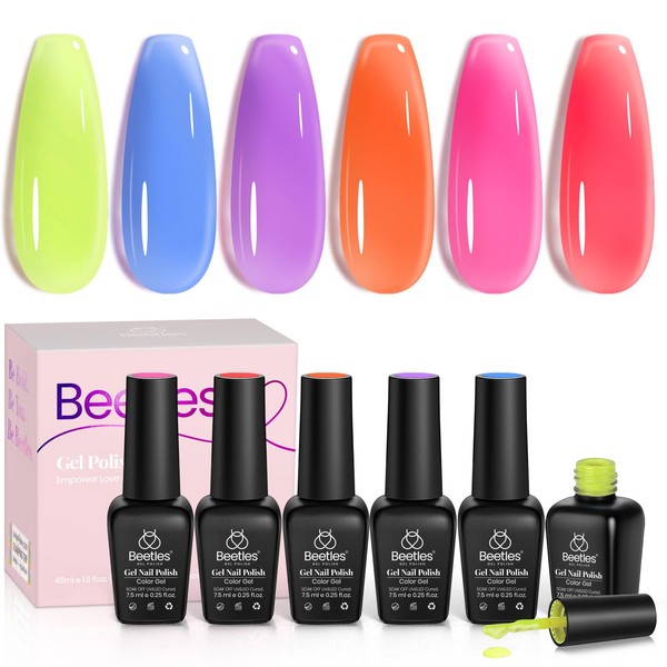 Beetles Summer Jelly Gel Nail Polish, 6 Colors Jelly Tint Neon Spring Gel Polish Translucent Red Hot Pink Purple Bright Blue Yellow Gel Polish Soak Off Uv Led Gel Nail Art Manicure Gift for Mom