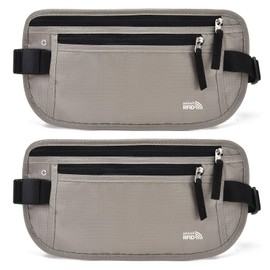 Unisex Money Belt For Men and Women, Slim Passport Holder RFID Blocking Travel Essentials Pouch with Adjustable Strap Small Waist Pouch for Workout Running Travelling Hiking, Light Grey 2 Pack