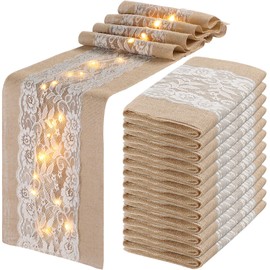 Tudomro 12 Pcs Burlap Table Runner with LED String Lights 12 x 108 Inches Rustic Jute Lace Table Runners Farmhouse Jute Linen Decoration Wedding Decor for Holiday Party Wedding Decorations