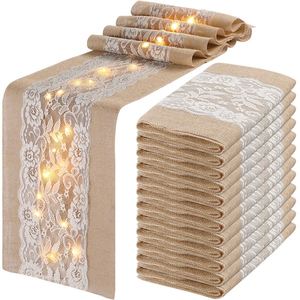 Tudomro 12 Pcs Burlap Table Runner with LED String Lights