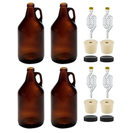 North Mountain Supply 1/2 Gallon (64 Ounces) Amber Glass Fermenting Jug with Handle, 6.5 Rubber Stopper, 6-Bubble Airlock, Black Plastic Lid - Set of 4