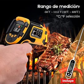 SOVARCATE Termometro Infrarojo Pistola de Temperatura Láser -58F~1112F 50C~600C) Termómetro digital IR Emisividad Ajustable - para Cocinar/Barbacoa/Comida/Horno/Pizza Termómetro para Carne Incluido