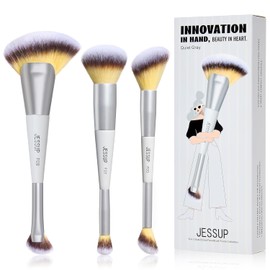 Jessup Brochas para Maquillaje para Rostro Set de 3pcs Brocha de Maquillaje Doble Punta para Base, Contorno, Rubor, Iluminador y Corrector, Veganas Quiet Gray T521