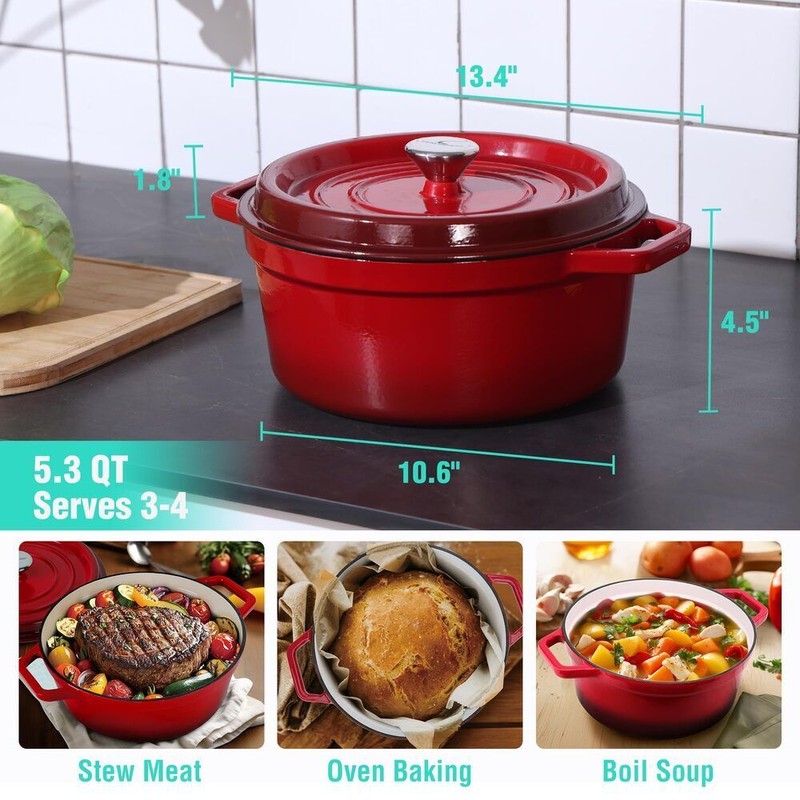 HAUSHOF 5.3QT Enameled Cast Iron Red Dutch Oven Non-Stick Pot